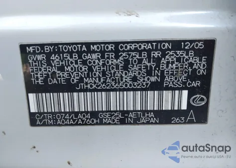 2006 Lexus Is 250 from USA, damaged, VIN JTHCK262365003237